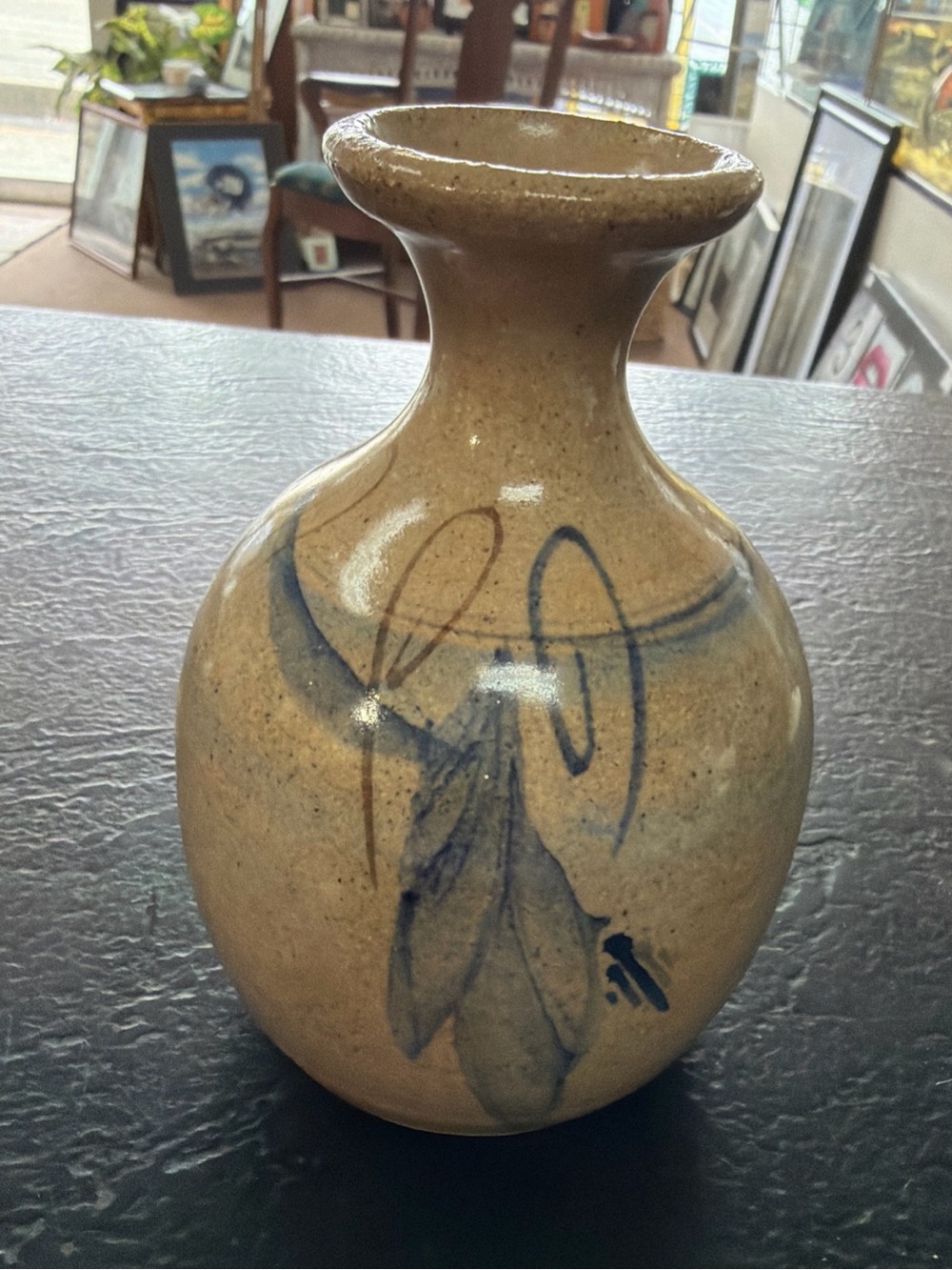 Pottery Beige Ceramic Vase with Blue Brushwork signed by artist